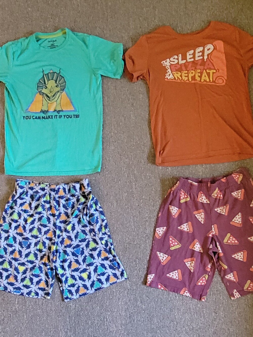 Boys Size XL 14/16  Pajamas Shirt & Shorts Set Bundle 2 Dinosaur & Pizza